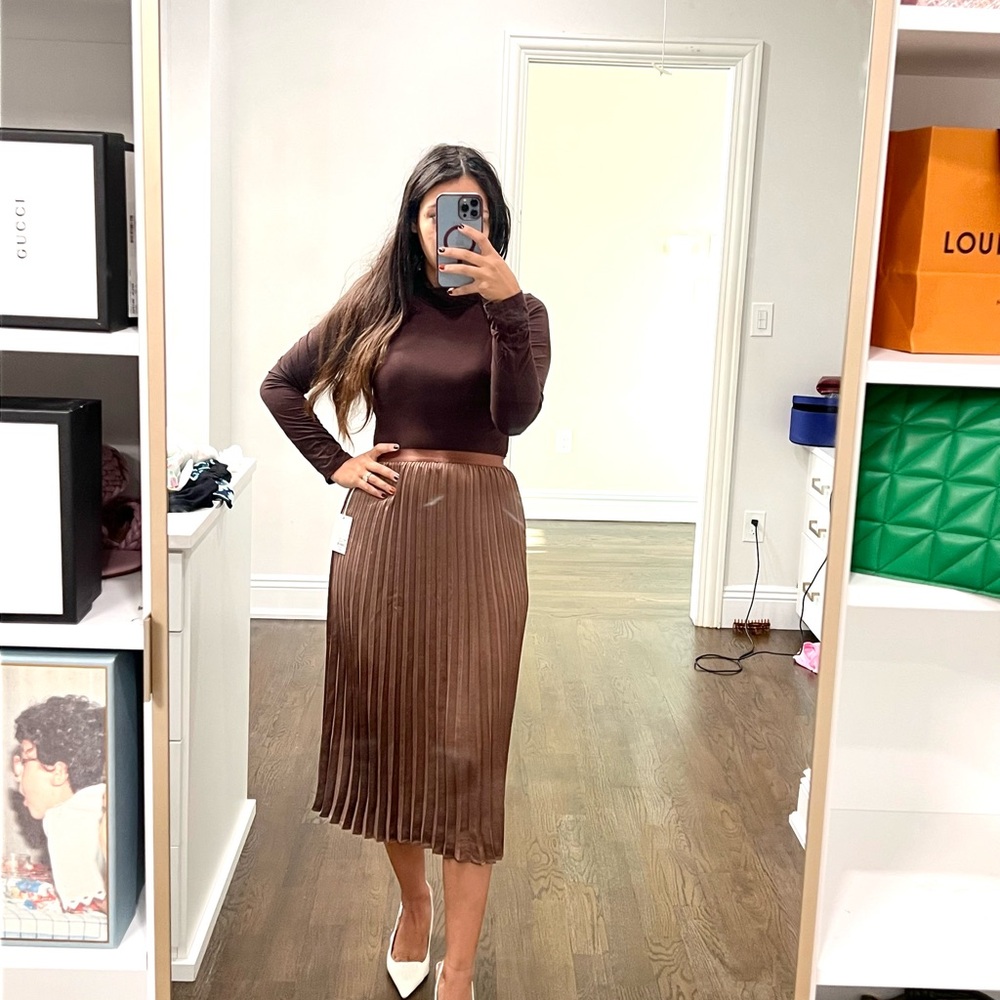 Brown Pleated Midi Skirt